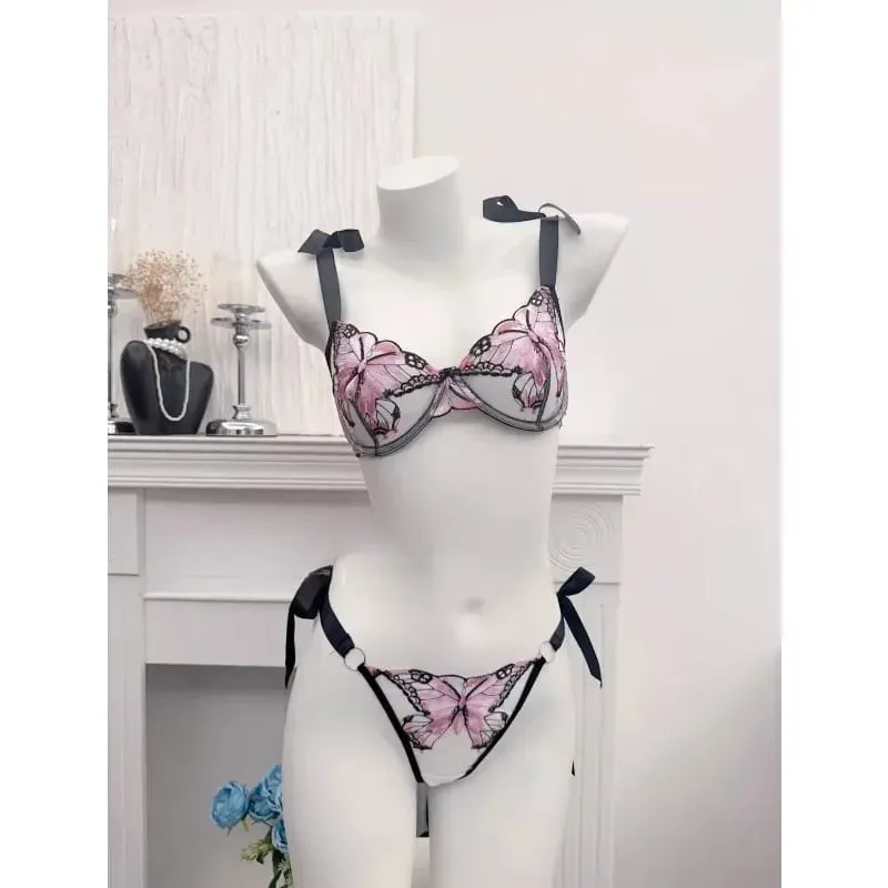 Reggente Pizzo Francese Farfalla Rete Trasparente Spalline Elastiche Senza Spugna Σετ Intimo S-XL Nuovo Morbido — image 5