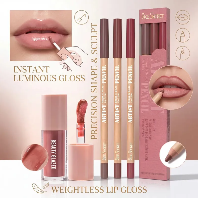 Σετ 4 τμχ Lip Liner & Lip Gloss Σετ αδιάβροχο, μακράς διαρκείας, αδιάβροχο, απαλό καθημερινό κιτ μακιγιάζ χειλιών — image 7