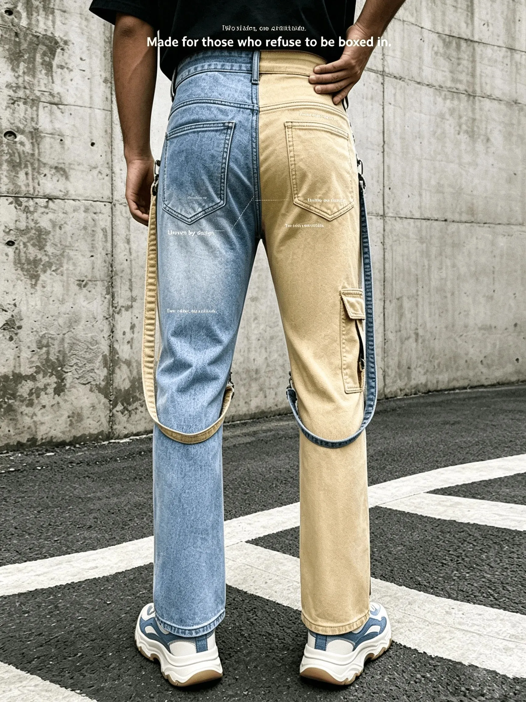 Y2K ג'ינס לגברים Techwear מכנסיים רטרו מטען מתרחבים ג'ינס מג'ינס ניגודיות צבע שחבור רצועת Streetwear מכנסי ג'ינס — image 2