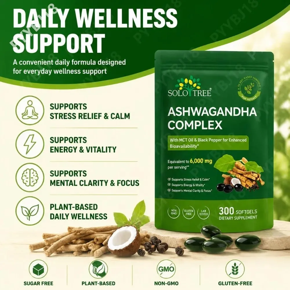 Το Solo Tree Ashwagandha Complex Softgels υποστηρίζει την ανακούφιση από το άγχος ήρεμη ψυχική διαύγεια εστίαση με MCT Oil & Black Pepper 300 Softgels