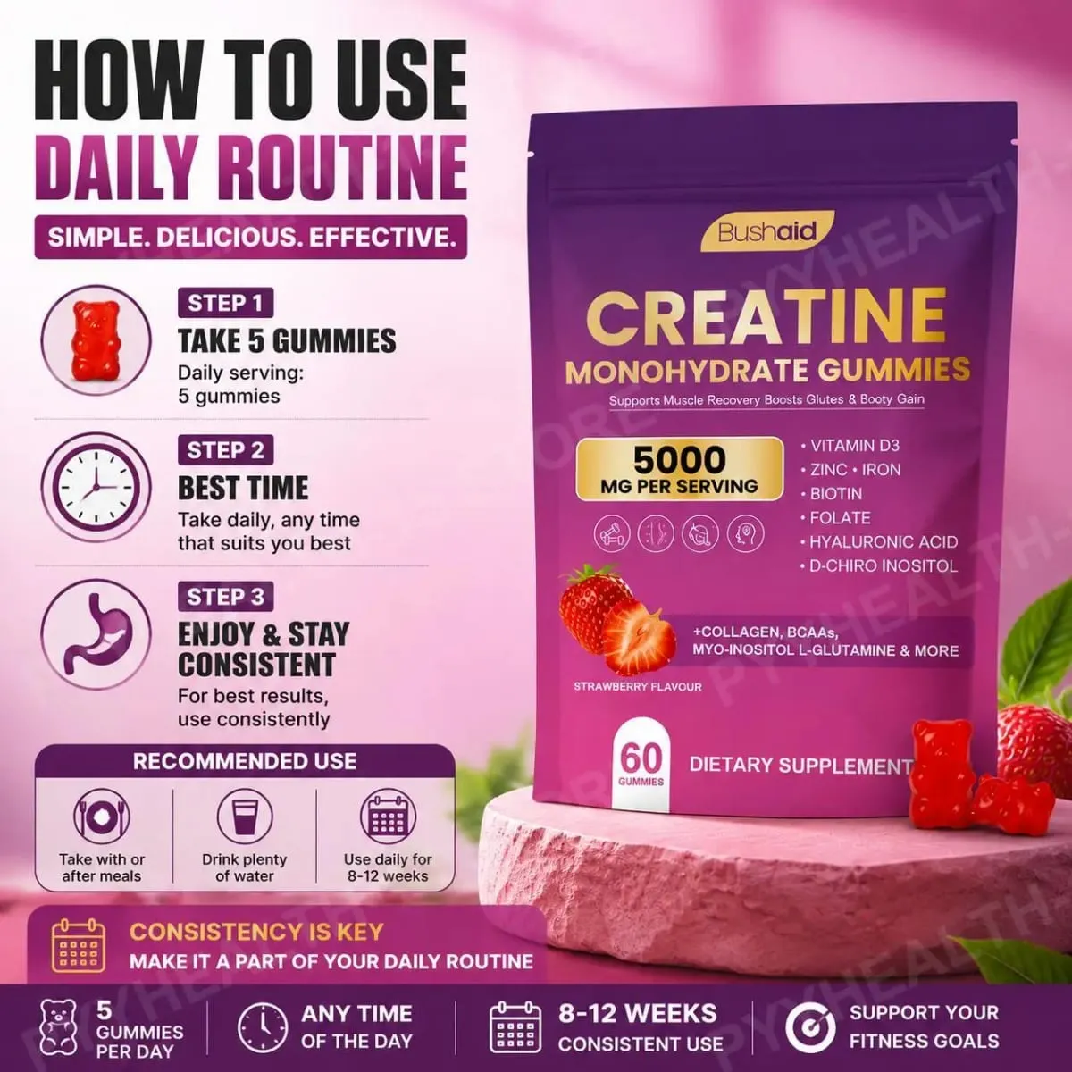 BushAid Creatine Monohydrate Gummies for Post-Workout Muscle Recovery with Multi-Collagen Blend BCAA and Zinc 60 Gummies — image 6