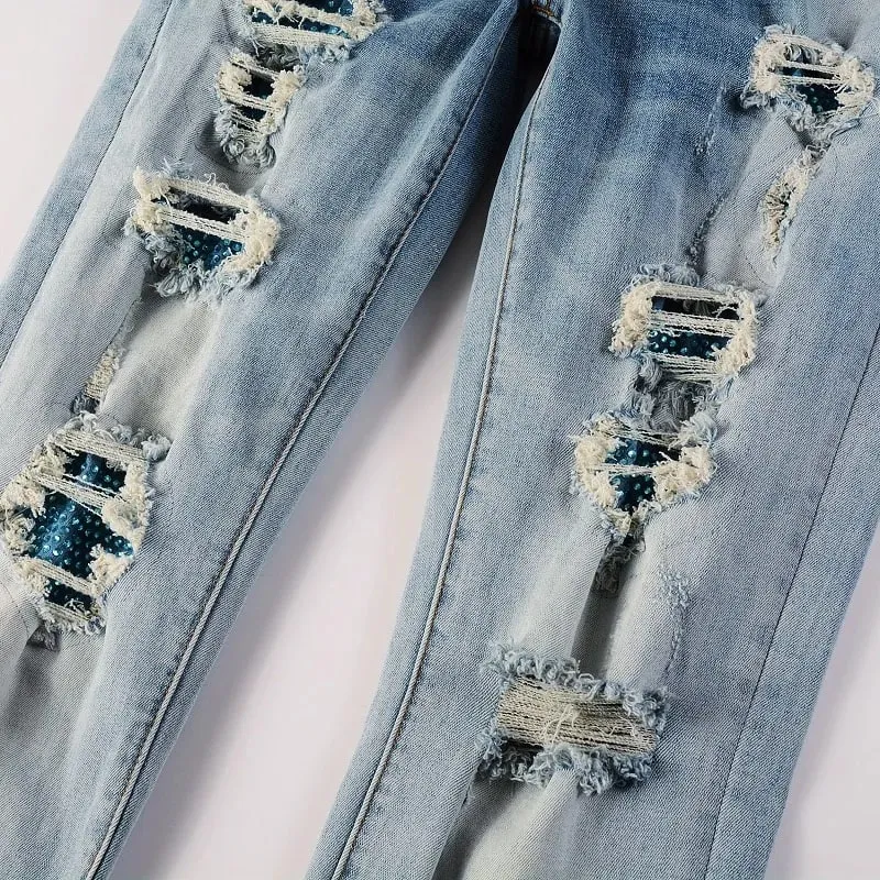 Men Crystal Patch Denim Jeans Streetwear Blue Patchwork Stretch Pants Ripped Distressed Skinny Tapered Trousers — image 3