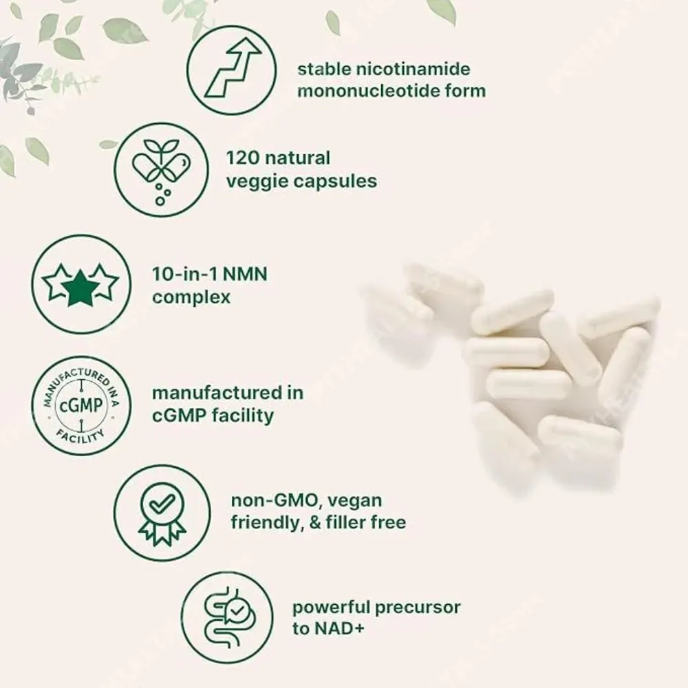 NMN Complex 1000mg ανά μερίδα 10-σε-1 NAD+ Precursor with Resveratrol CoQ10 120 Vegetarian Capsules Daily Support — image 3