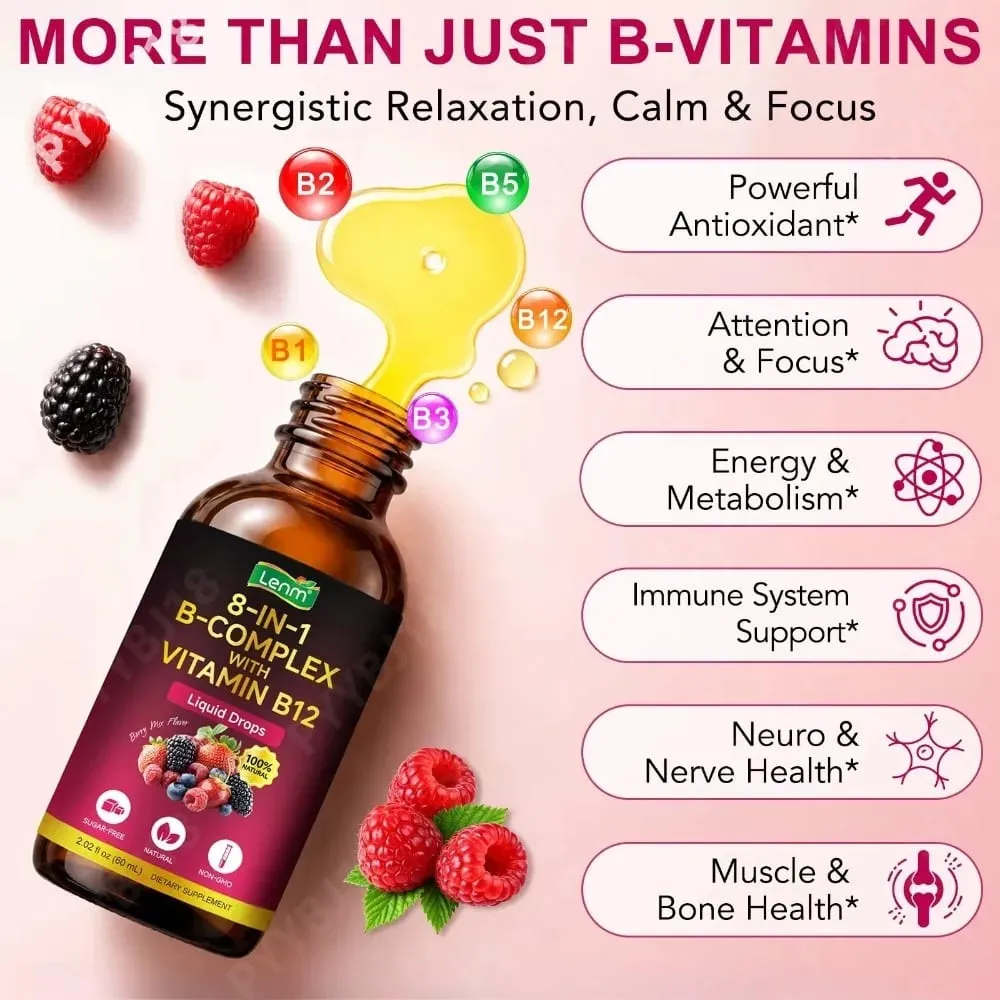8-in-1 Vitamin B Complex Drops Maximum Absorption with Folate Vitamin B12 Supports Energy Focus Metabolism & Nervous Health 60ML