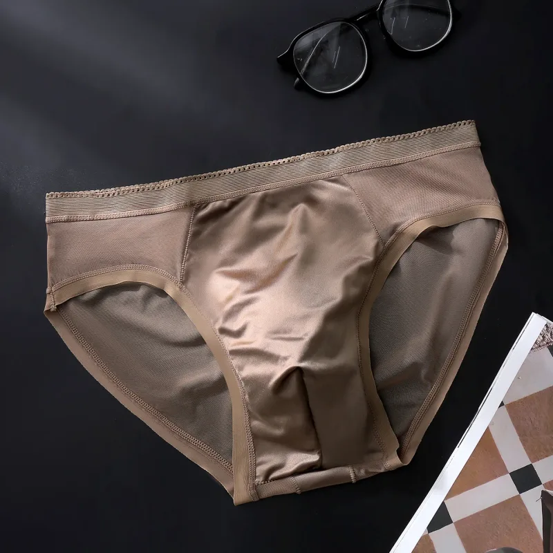 Male Glossy Silk Satin Briefs High Rise Lace Trim Ice Silk Underwear Soft Breathable U Pouch Men Panties — image 21