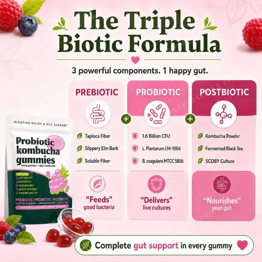 Probiotikus kombucha gumicukor minden gumicukorral 1 pohár Kombucha prebiotikus posztbiotikus emésztőszervek egészsége Vegán bogyós 30 gumicukor — image 3