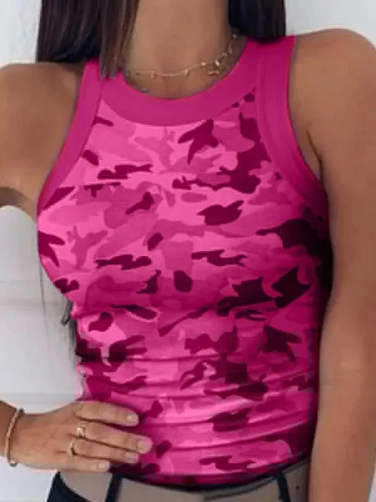 Γυναικεία camo με στρογγυλή λαιμόκοψη με ραβδώσεις, καλοκαιρινή βασική ελαστική καμιζόλα, σέξι αμάνικο γιλέκο με λαιμόκοψη, γυναικεία ρούχα — image 5