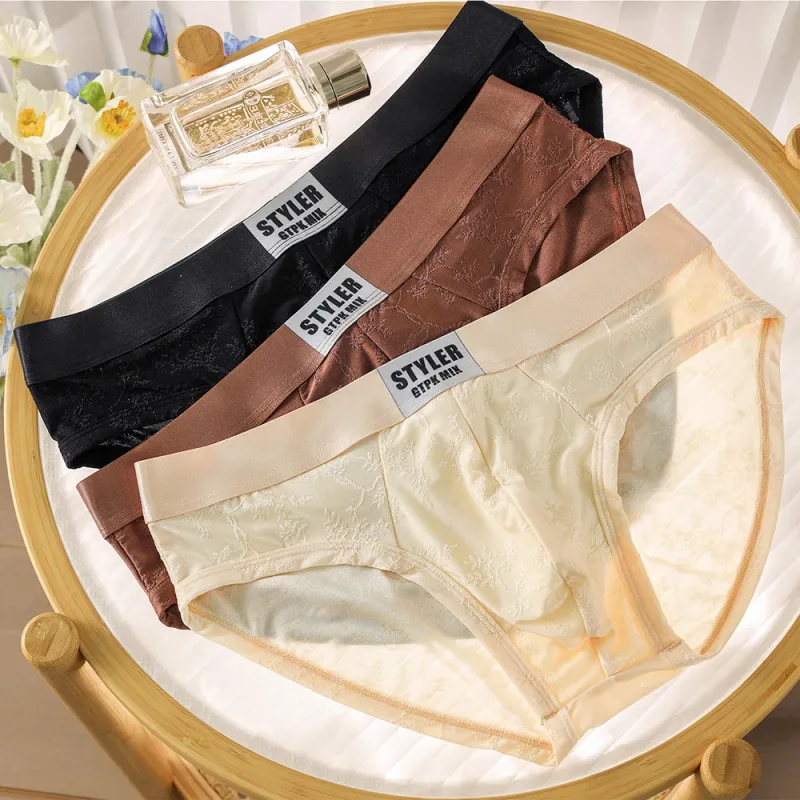 1/3PCS Sexy Perspective Men's Briefs Luxury Jacquard Smooth Ice Silk Mens Intimate Underwear Breathable 3D Mesh Pouch Lingerie