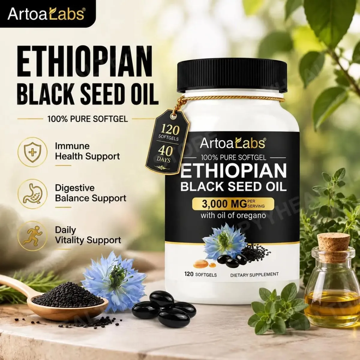 Ethiopian Black Seed Oil Softgels 3000mg with 100mg Oregano Extract for Immune Digestive and Daily Vitality Support 120 Count — image 1