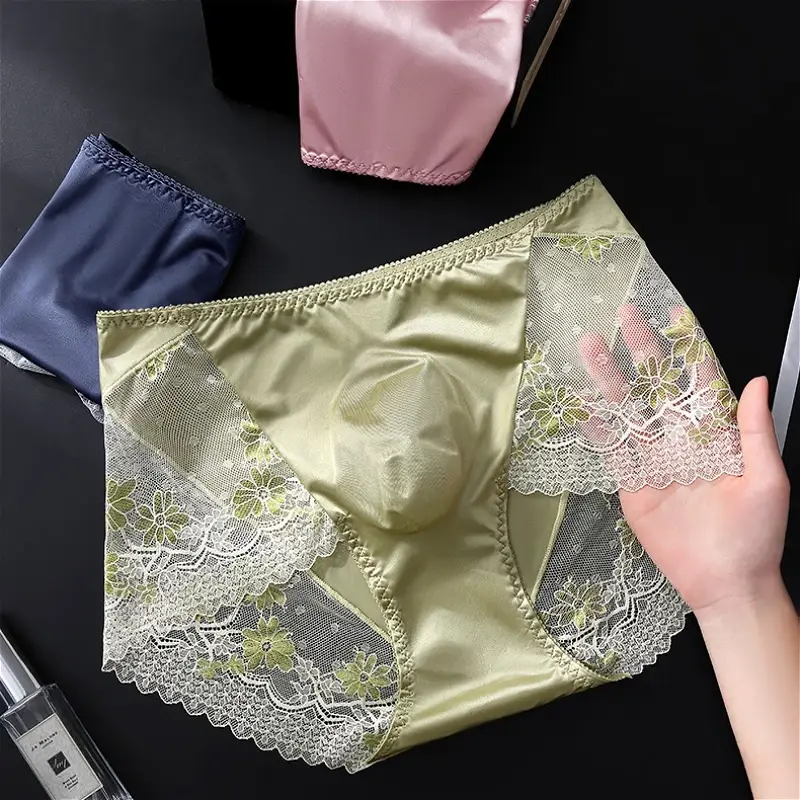 Satin Ice Silk Briefs Mens Lace 3D U Pouch Underwear Sexy Floral Man Panties Breathable Low Waist Shorts Convex Pouch Underpants — image 4