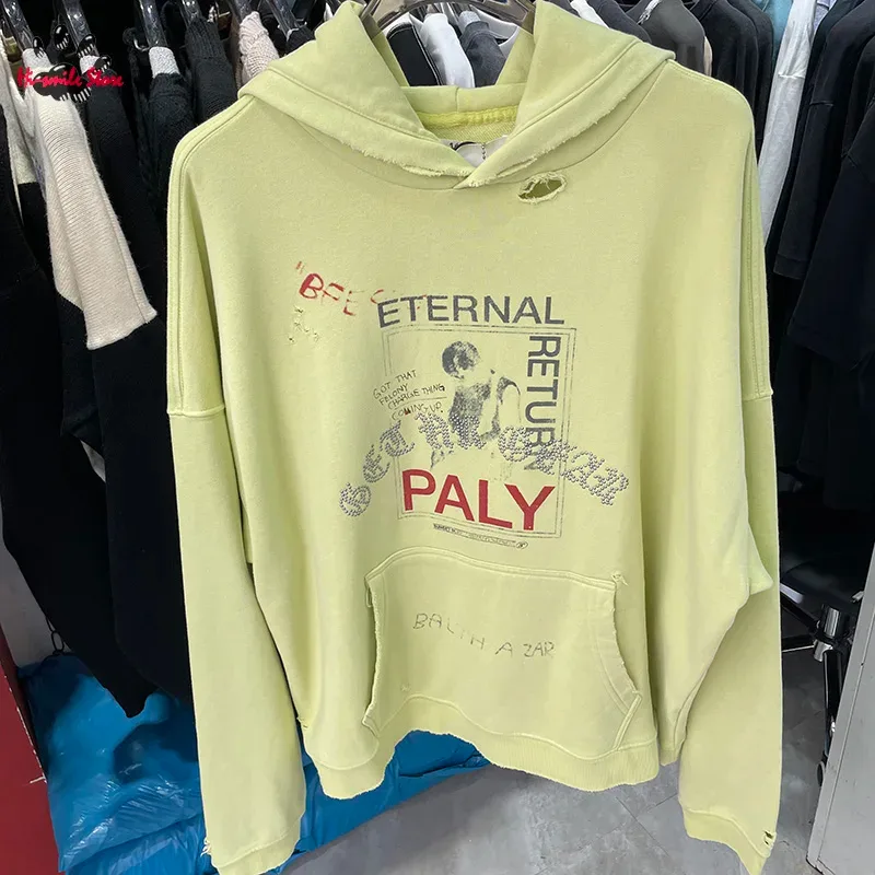 Nuevas sudaderas con capucha PALY de gran tamaño para hombre y mujer, cárdigan Vintage informal lavado negro dañado de la mejor calidad, sudaderas con cremallera