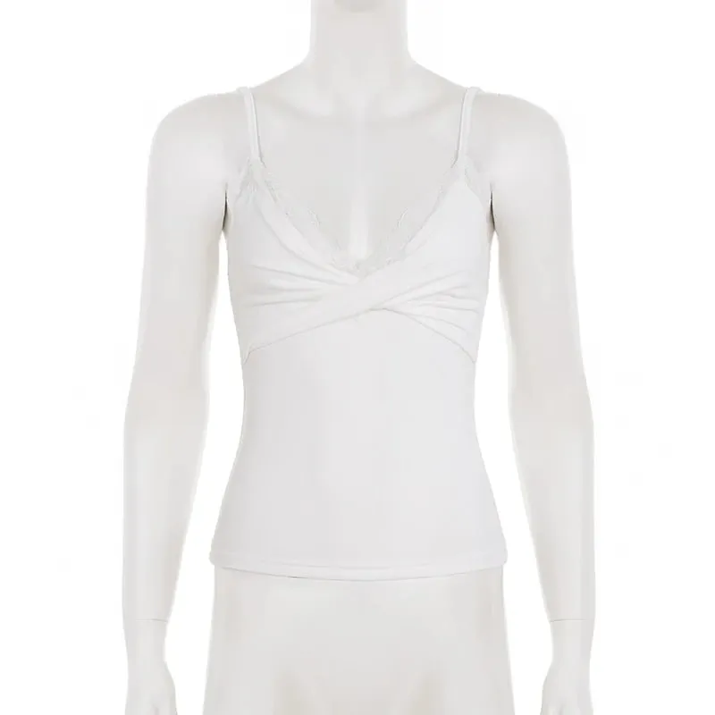 Coquette תחרה V צוואר Twist Front Cami Top רצועת ספגטי Slim Camisole Y2K גופייה יומית ללא שרוולים מזדמנת קיץ חדש — image 5