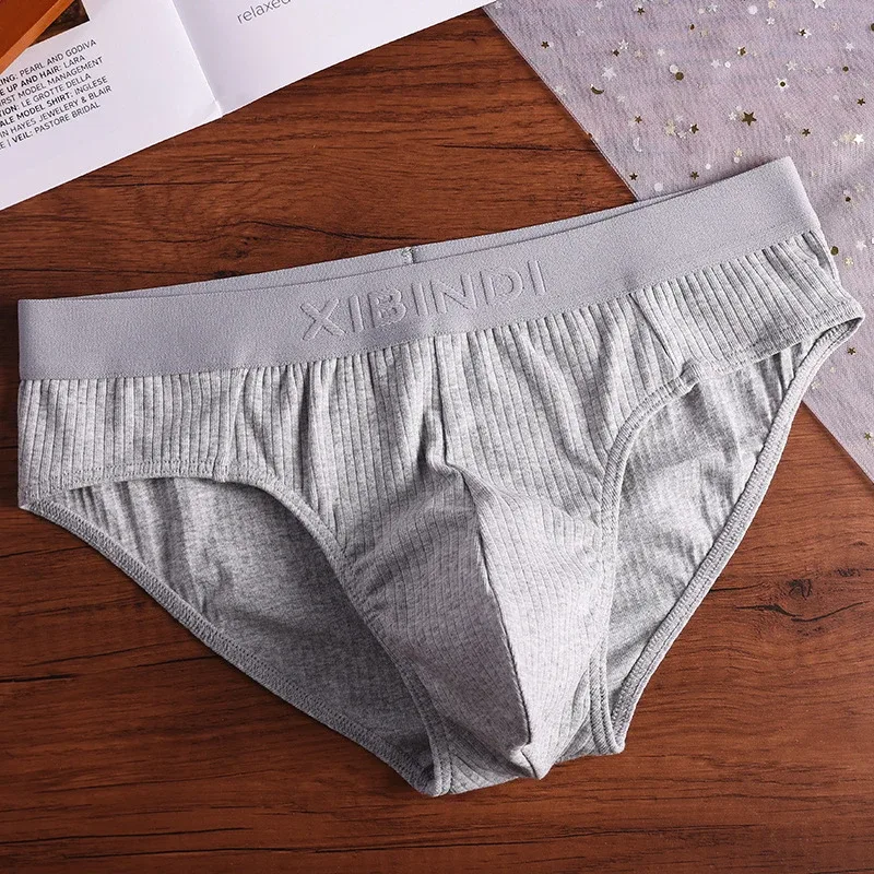 4-Piece Men's Cotton Ribbed Briefs Set - "XIBINDI" Embossed Waistband Underwear (Blue/White/Gray/Pink) — image 7
