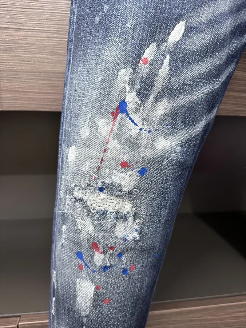 new design fashion Men Jeans Denim Pants slim Coolguy blue color hole Stretch top quality straight D2 jeans pant 9919 — image 4