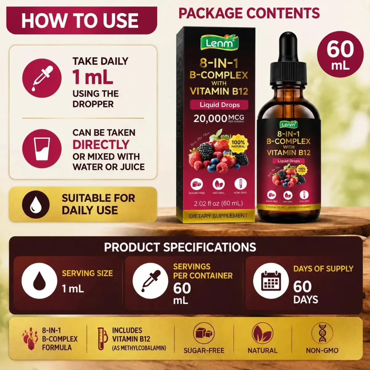 Lenm Vitamin B12 B-Complex folyékony cseppek 8 az 1-ben támogatja az idegrendszer immunrendszerének egészségét és napi energiát 60 ml cukormentes, nem GMO — image 5
