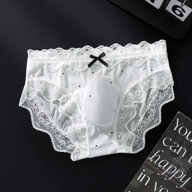 Men's Sexy Briefs Lace Edge Polka Dot Underwear Ice Silk Sissy Panties U Convex Pouch Underpants Seamless See Through Lingerie — image 12