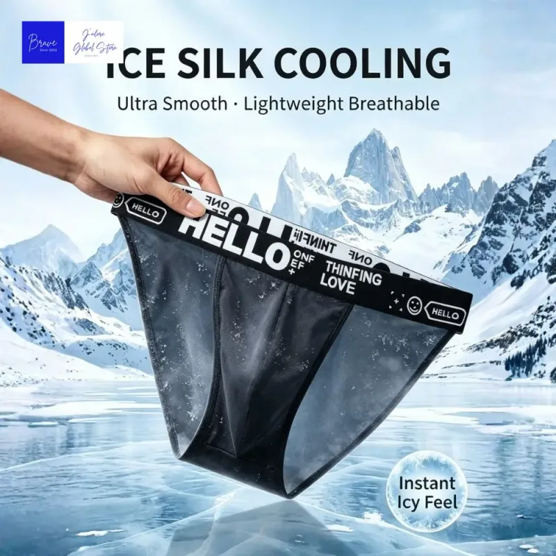 Men Trendy Ice Silk Bikini Briefs Hello Letter Print Moisture Wicking Breathable Athletic Underwear Stylish Cooling Underpants