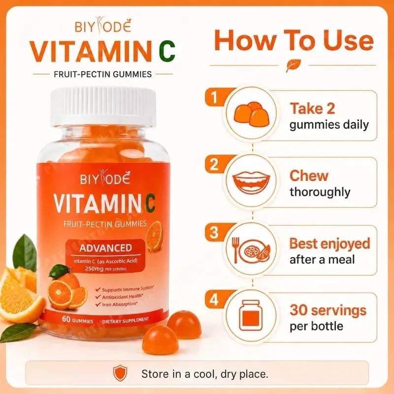 Βιταμίνη C Gummies 250mg με βιταμίνες Α και Ε Μασώμενα πηκτίνης πορτοκαλιού φρούτων 60 Count καθημερινή διατροφή για ενήλικες άνδρες και γυναίκες — image 7