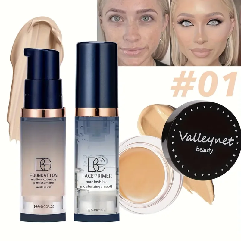 3 τμχ/Σετ Velvet Face Set Foundation+Primer+Concealer Αδιάβροχο και μακράς διαρκείας Matte Effect Κατάλληλο για αρχάριους Σετ ταξιδιού.