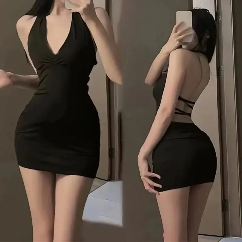 נשים סקסי הלטר ללא משענת Slim צווארון V לעטוף שחור מסיבה לילה מיני שמלת — image 4
