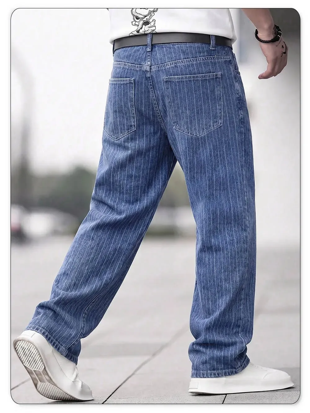 Férfi függőleges vékony csíkos Jacquard táskás farmer nadrág Klasszikus kék bő, széles szárú, egyenes lábú, vintage mosott farmernadrág — image 9