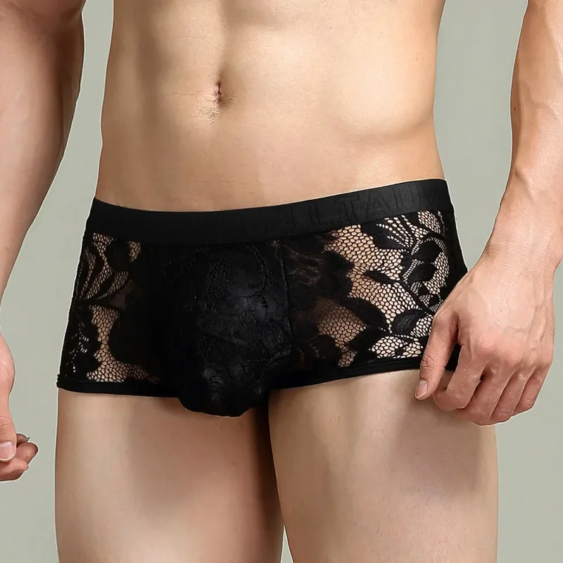 Tawell Men's Boxers Fashionable Sexy Lace Briefs U Convex Pocket Flats Underwear