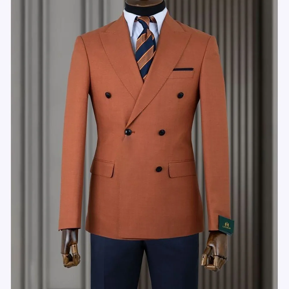 Stylish Men Suits Contrast Color Formal Blazer Male Clothing Double Breasted Business Casual Party Prom Jacket Pants Navy Blue — image 1