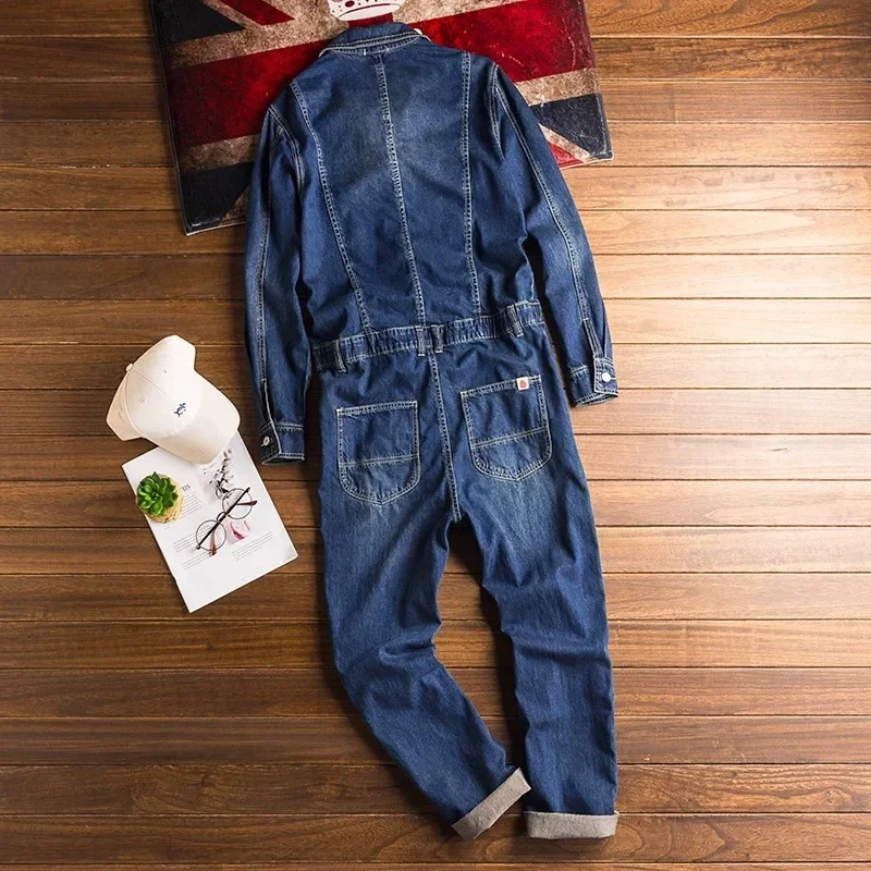 Denim Jumpsuits Loose Pockets Long Sleeve Overalls Lapel Collar Pockets Cargo Jeans for Men — image 1
