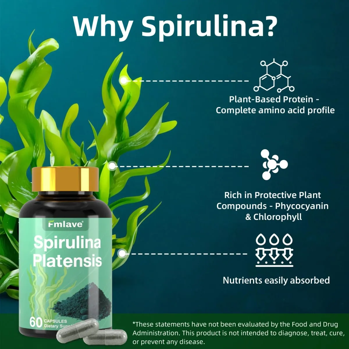 Fmlave Supplements Organic Spirulina - Fehérjében gazdag kék zöldalga szuperétel-kiegészítő energia és immunrendszer támogatására 60 vegetáriánus kapszula — image 3