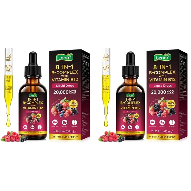 Lenm Vitamin B12 B-Complex folyékony cseppek 8 az 1-ben támogatja az idegrendszer immunrendszerének egészségét és napi energiát 60 ml cukormentes, nem GMO — image 8
