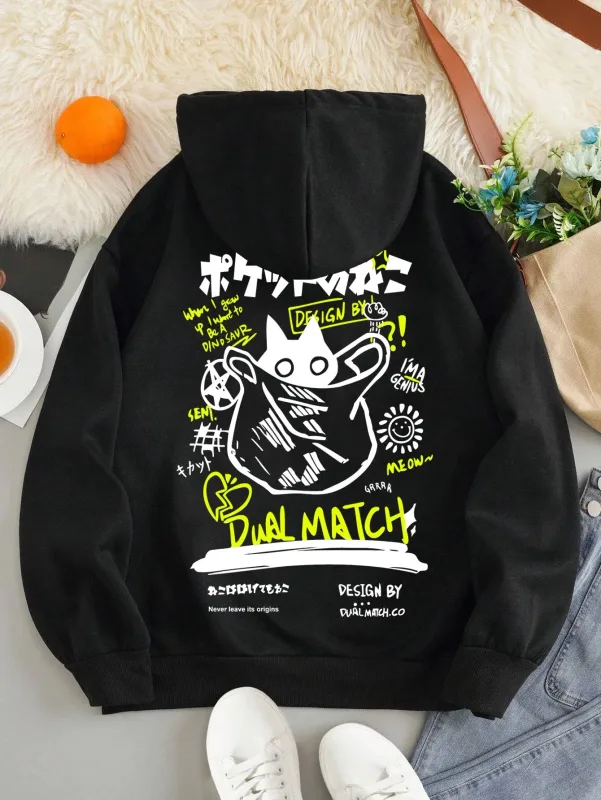 Style japonais Sweat à capuche chat noir Hommes Femmes Rue extérieure Mode décontractée Dessin animé Sport à manches longues Adulte Sweat d'automne et d'hiver