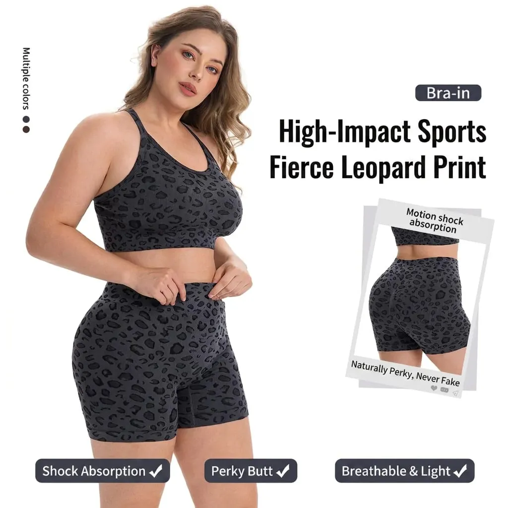 Γυναικείο Σετ προπόνησης Leopard Print σε συντομότερο μέγεθος Σορτς για κοιλιά με επένδυση με επένδυση Racerback αθλητικό σουτιέν 2 τμχ Ρούχα γυμναστικής γιόγκα για τρέξιμο — image 2