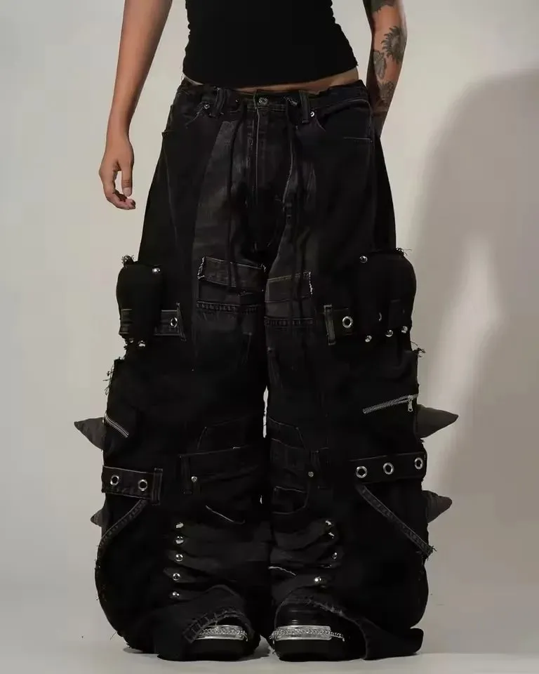 Y2K Black Oversized Cargo Jeans Men Heavy Strap Buckle Stud Zip Pocket Distressed Detail Streetwear Casual Wide Leg Fashion Pant — image 5