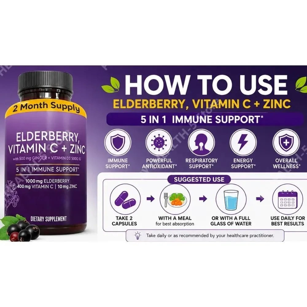 Elderberry Capsules with Vitamin C Zinc D3 Ginger Sambucus Black Elderberry Herbal Blend Daily Wellness Support for Adults