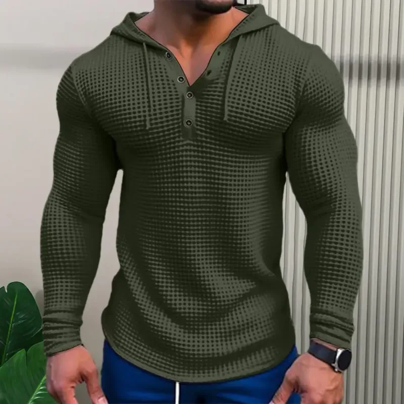 Camiseta de manga larga ajustada de Color sólido para primavera, Top deportivo transpirable con capucha para hombre, camisa informal de manga larga de algodón Waffle