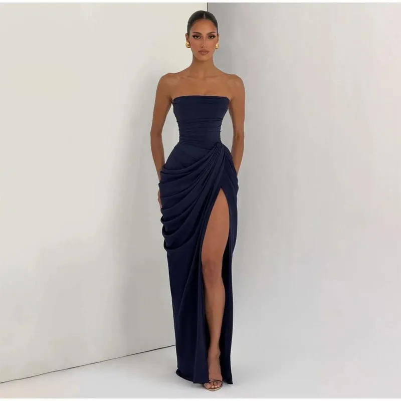 Γυναικείο σέξι μονόχρωμο πλισέ φόρεμα Lady chic off-shoulder Φορέματα με σπαστό στράπλες ψηλόμεσο 2026 Καλοκαιρινό βραδινό πάρτι