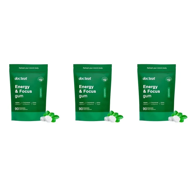 Docteat Energy & Focus Gum rágótabletta cukormentes zöld kávé kivonattal L-teanin B6+B12 vitamin 90 rágótabletta