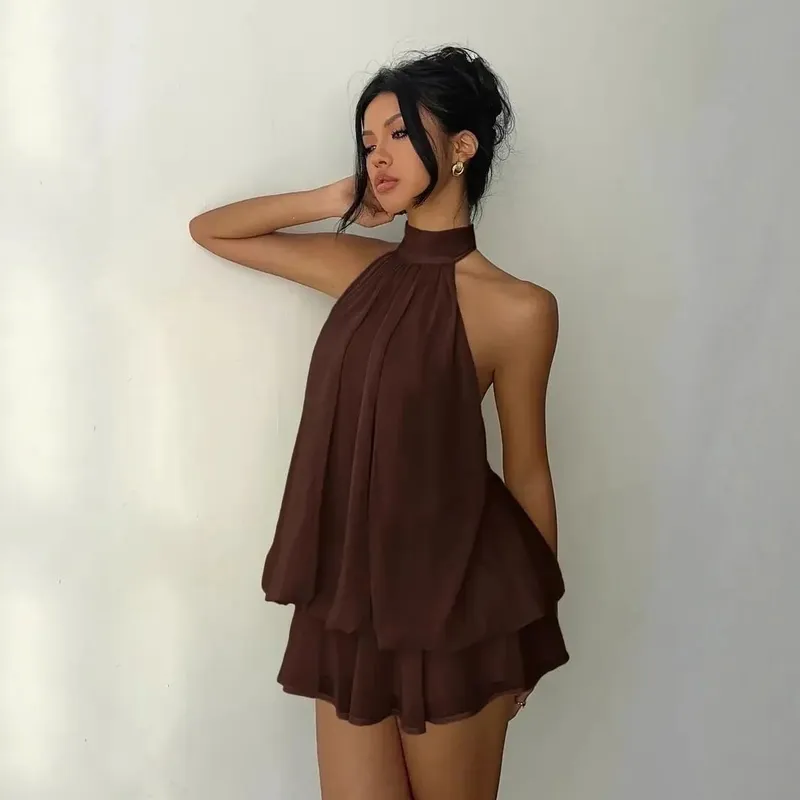 Sexy Women Chiffon Sleeveless Halter Backless Dress Lady Solid Color Tie Waist Slim Flared Dress Summer Beach Vacation Outfit — image 8