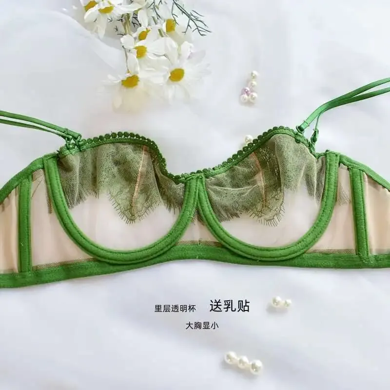 סט חזיית חזייה צרפתית סקסית קלה יוקרתית - Sheer Mesh Minimizer Bralette Ultra-Thin Lace הלבשה תחתונה מכירה מוגבלת במלאי