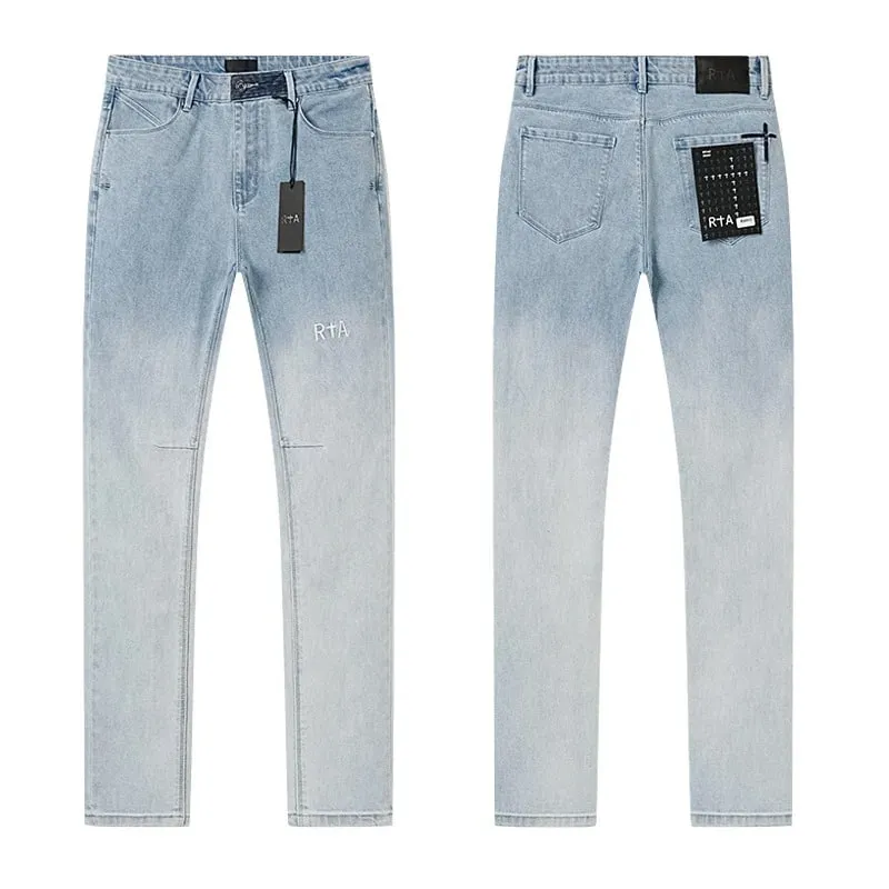 Új RTA Destroyed Scratch Hole Világoskék Distressed Farmer Férfi High Street Elasztikus Slim Fit Farmer 2026 márka nadrág utcai viselet — image 4