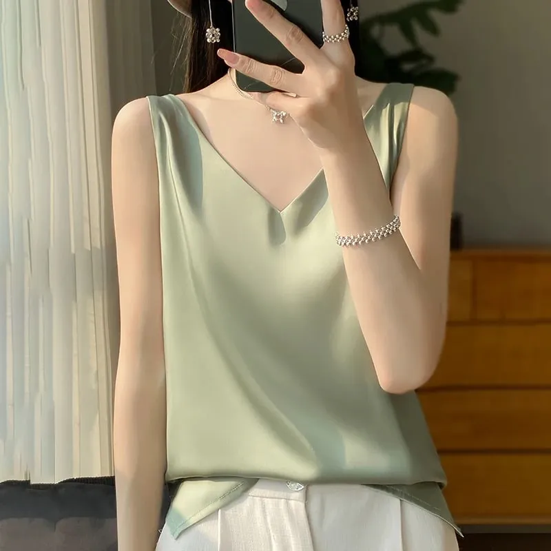 Νέο Lce Silk Satin Camisole Γυναικεία Άνοιξη/Καλοκαίρι μονόχρωμο αμάνικο σέξι άνετο μεταξωτό εσώρουχο RW-D09 — image 16