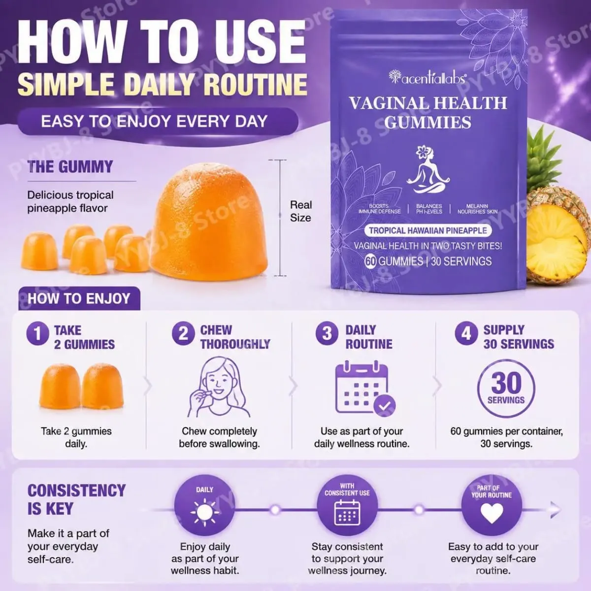 Acentiallabs Vaginal Health Gummies με Bacillus Coagulans και βιταμίνη C Υποστηρίζει την άμυνα του ανοσοποιητικού και το PH Balance 60 Gummies