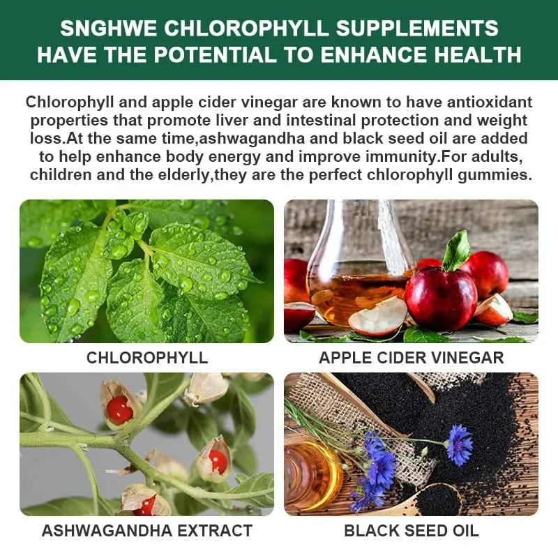 Chlorophyll Gummies-with ACV Vitamin D3 C E B12 -Natural Deodorant Energy Boost Immune&Digestion Support Vegan 60 Candies