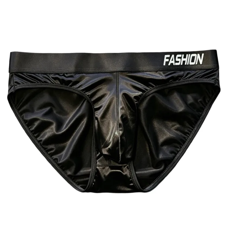 Men Glossy Satin-like Smooth Brief Ice-Silk Hip Wrap LargePouch Satin Silky Briefs Low Waist Gradient Letter Glossy Underwear