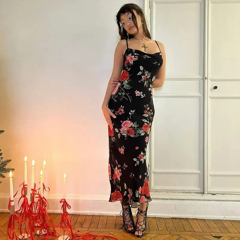 Flowers Print Φορέματα Spaghetti Γυναικεία Ιδιοσυγκρασία Πακέτο Hip Bodycon Μακρύ Φόρεμα Μόδα Σέξι εξώπλατη κυρία Slim Vestidos