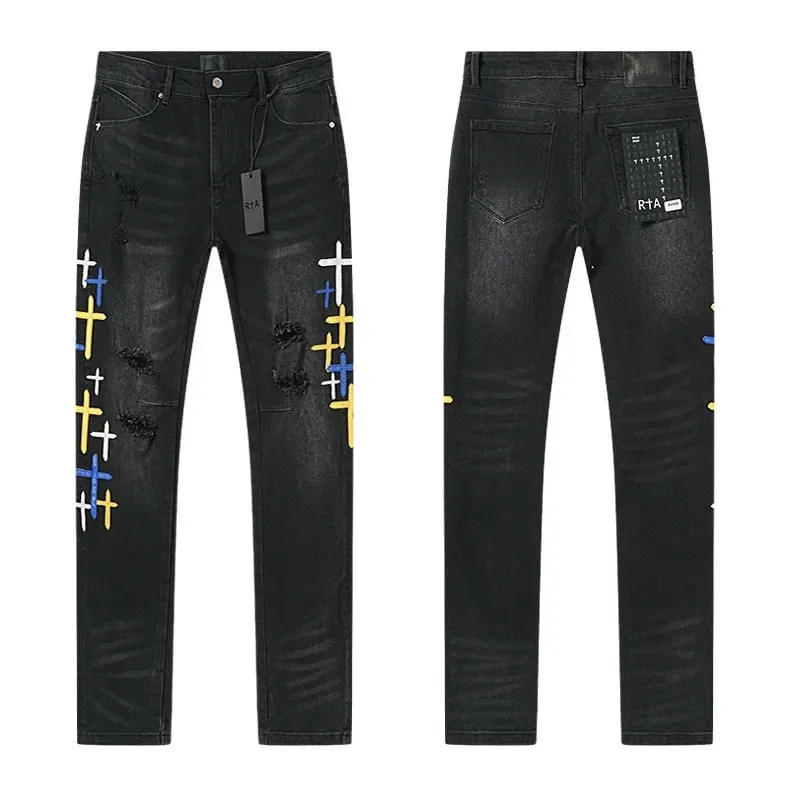 Új RTA Destroyed Scratch Hole Világoskék Distressed Farmer Férfi High Street Elasztikus Slim Fit Farmer 2026 márka nadrág utcai viselet — image 11