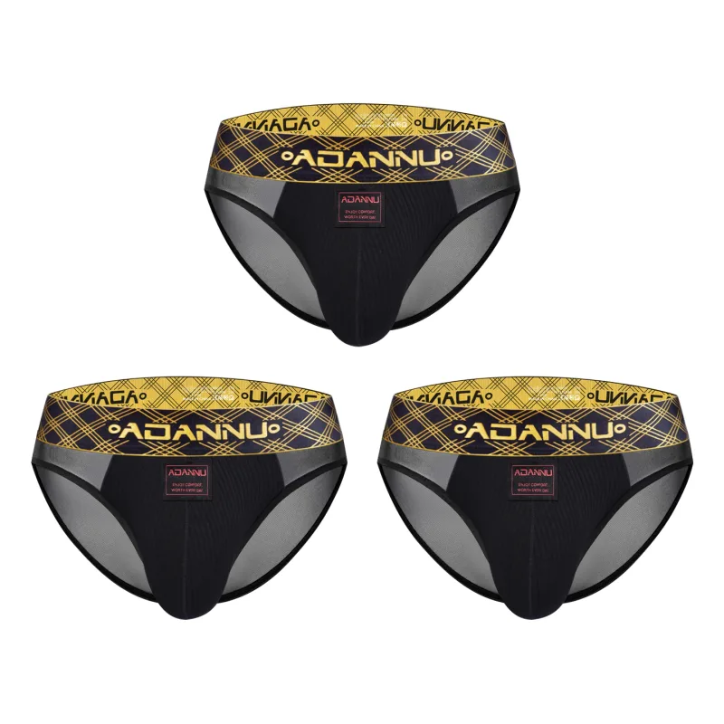 Luxury Ice Silk Men's Underwear with Gold Thread Embroidery Waistband Ultra-Thin Transparent Mesh Quick-drying Briefs for Men