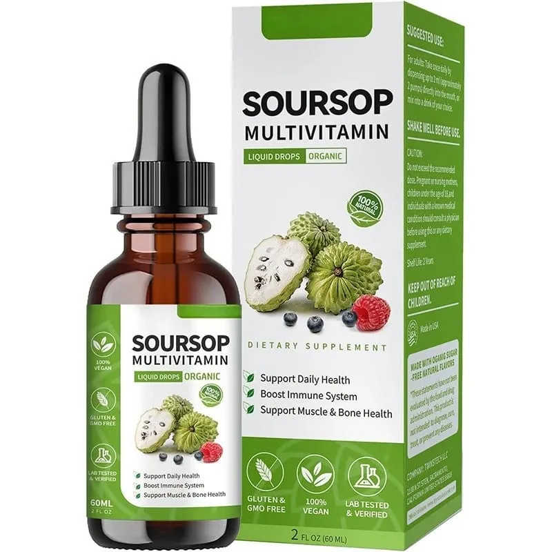 Soursop Liquid Drops Herbal Extract Plant Based Supplement with Soursop Fruit and Leaf Blend Daily Wellness Formula Vegan