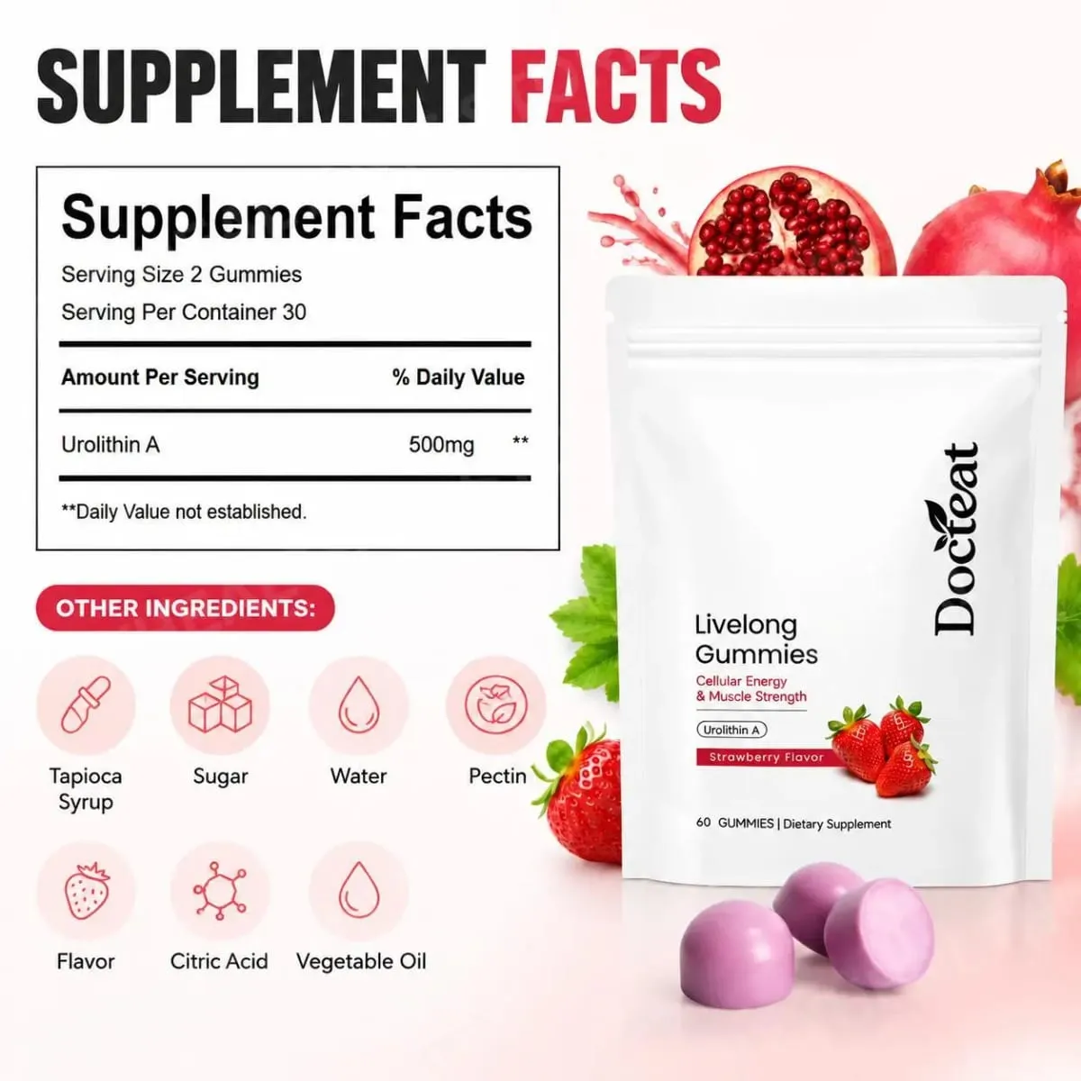 Docteat Urolithin A Gummies 500mg per Serving Strawberry Flavor Daily Cellular Wellness Support 60 Gummies for Men Women — image 2
