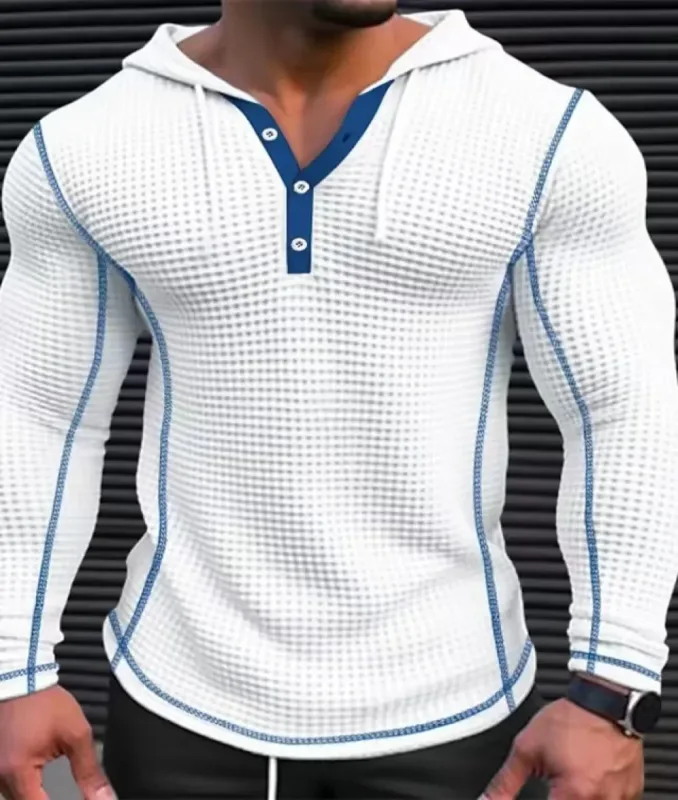 Waffle Solid Fabric Slim Fit Hoodies Men V-neck Button Casual Sweatshirts Hip Hop Street Sweater Men's Sports Tops Long Sleeve
